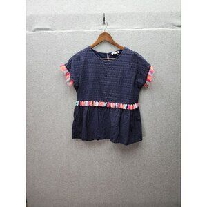 Andrée By Unit Navy Blue Eyelet Top With Colorful Trim Accents S 100% Cotton She